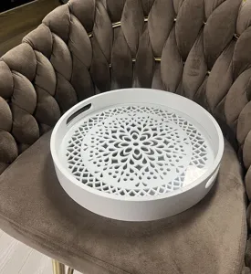 Nordic white wooden serving tray with hollow mandala pattern, round tea tray for home kitchen.