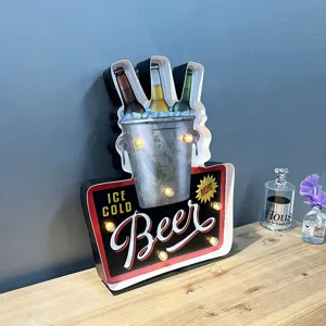 Vintage retro industrial LED beer sign wall decor with ice cold beer bucket graphics