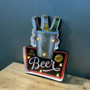 Detailed close-up of vintage industrial LED beer sign for pub or cafe wall decor
