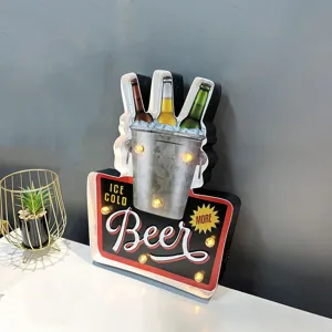 Industrial vintage LED beer sign for bar wall decor featuring an ice bucket graphic