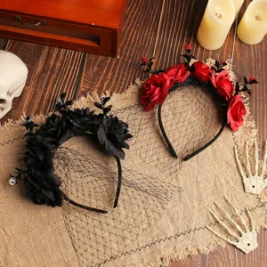 Gotisches Halloween Rosen Stirnband mit schwarzem Netzschleier für Kostümparty