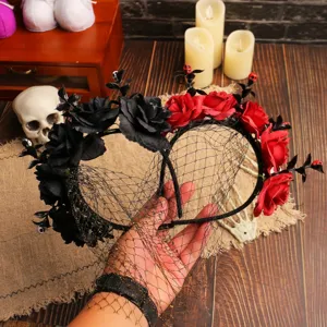 Gothischer Halloween Rosen Haarreif mit schwarzem Netzschleier und Totenköpfen für Partys