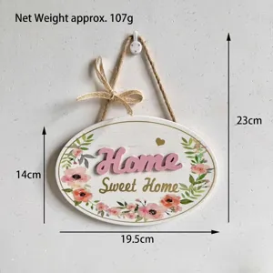 Detailed view of oval wooden Home Sweet Home hanging sign showing dimensions and weight