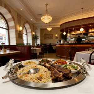Close-up of a luxury stainless steel Middle Eastern mirror tray served in a restaurant
