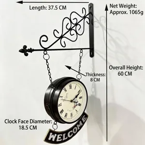 Retro iron double-sided wall clock with Welcome sign and detailed dimension display