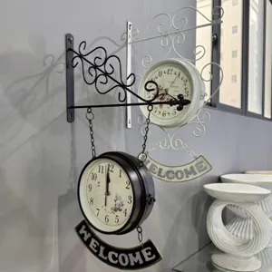 Vintage iron double-sided wall clock with Welcome sign for home and cafe wall decor