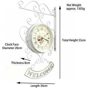 Vintage white wrought iron double-sided wall clock with floral face and Welcome sign