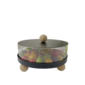 Elegante frutero redondo de acrílico con tapa negra y patas de madera decorativas