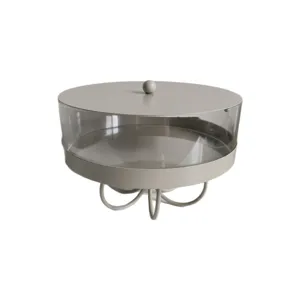 Minimalist grey iron dessert stand with clear acrylic cover for party snack storage.