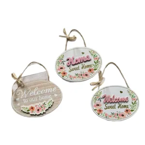Set of 3 oval floral wooden hanging signs with Welcome and Sweet Home text ornaments