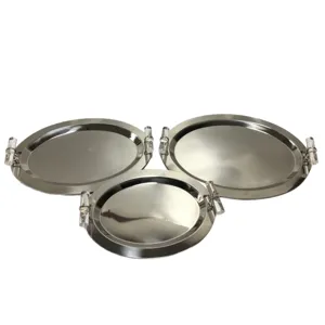 Set of 3 elegant oval stainless steel mirror finish trays with clear acrylic handles