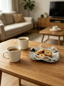 Plato de fruta de vidrio ondulado con base de acero para servir galletas en una mesa