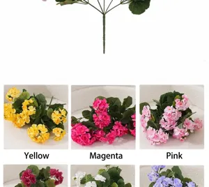 Vue détaillée de variétés d'hortensias artificiels en jaune, rouge rose et rose
