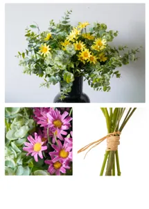 Detailed view of artificial daisy bouquet and eucalyptus greenery with natural twine wrap