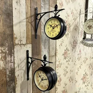 Vintage iron double-sided wall clock with retro London and New York faces for home decor