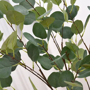 Close-up detail showing the natural texture of artificial silver dollar eucalyptus leaves.