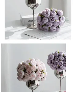 Detail of purple and pink 27-head artificial rose bouquets in silver vases for home decor.