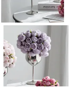 Detailed view of 27-head artificial purple rose bouquet in a sleek silver goblet vase