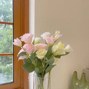 Elegant artificial four-head Lisianthus silk flowers in pink and white for home decor