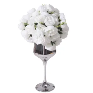 Elegant 27-head white artificial rose bouquet in tall silver polished vase home decor.