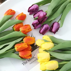Realistic moisturizing PU tulips in orange, purple, and yellow for home decoration