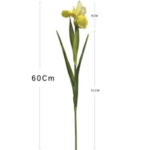 Detailed dimension view of a 60cm yellow artificial PU iris flower stem
