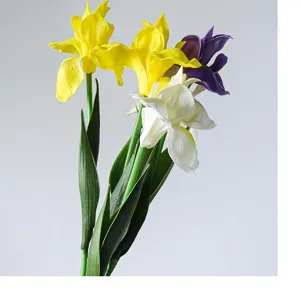 Artificial PU iris flower bouquet detail showing multi-color simulation stems and leaves.