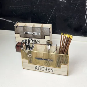 Handcrafted wooden kitchen cutlery organizer box with mesh detail for silverware storage