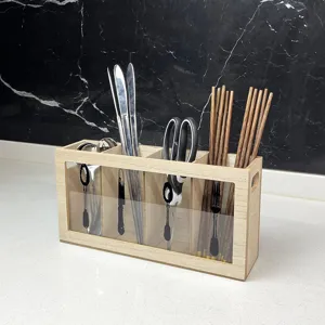 Elegant 4-compartment wooden cutlery organizer box for kitchen utensil storage and display