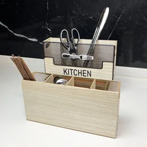 Wooden kitchen utensil holder and cutlery organizer with multiple compartments
