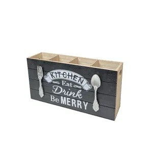 Rustic wooden cutlery organizer with 4 compartments and vintage kitchen text design.
