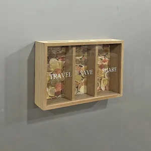 Wandmontierte dekorative Spardose aus Holz mit 3 Fächern Travel Save Share Modell