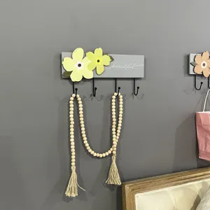 Modern Solid Wood Wall Mounted Coat Rack With Iron Hooks Floral Decoration Beautiful Print Hanger For Entrance Bedroom Storage