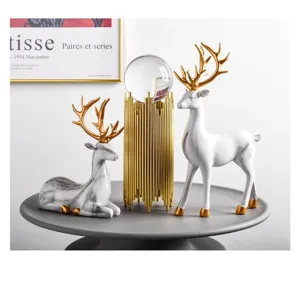 Luxury marble texture deer figurines and crystal ball decor set for elegant home