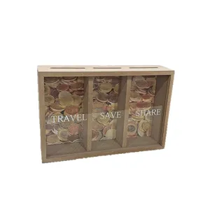 Handgefertigte Spardose aus Holz mit 3 Fächern und bedruckter Glasfront Travel Save Share