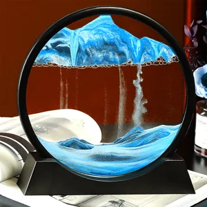 Cuadro de arte de arena móvil 3D creativo con montañas azules y marco redondo