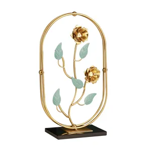 Modern luxury iron plant ornament with golden metal flowers for home and office decor