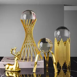 European Light Luxury Golden Iron Crystal Ball Ornament Creative Desktop Decor For Living Room Entrance Wine Cabinet Home Decorations