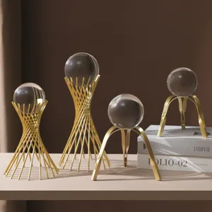 Luxury European crystal ball ornaments with gold geometric stands for home decor