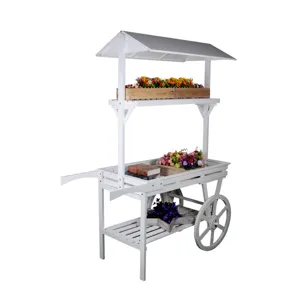 Chariot à fleurs vintage en bois blanc avec toit pour la décoration de vitrine