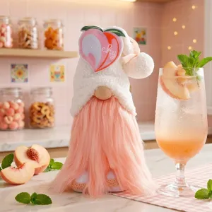 Detailed lifestyle shot of a peach-themed plush gnome in a warm kitchen setting