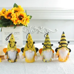Set of four cute bee-themed gnome plush ornaments with wings and LED lights for home decor