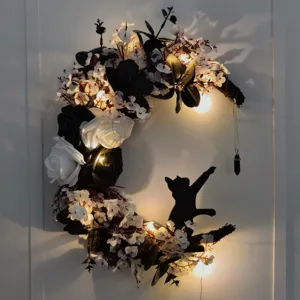 Halloween Moon Cat Wreath Black And White Rose Gothic Simulation Vine Hanging Ornament For Home Window Party Decor Plastic Resin Fabric