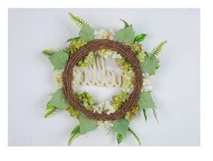 Detail view of an artificial green hydrangea wreath with wooden hello sign center