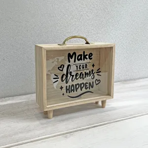 Nordic minimalist wooden travel fund piggy bank with transparent window and metal handle