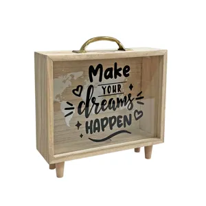 Nordic wooden travel fund piggy bank with transparent glass and inspirational quote