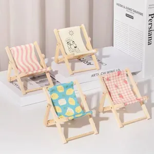 Cute Mini Wooden Foldable Beach Chair Phone Stand Desktop Ornament For Home Office Decorative Canvas Phone Holder Photography Prop