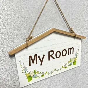 Rustic wooden house-shaped hanging sign with My Room text and floral design
