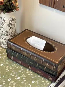 Elegant vintage book-shaped wooden tissue box holder with realistic antique texture detail