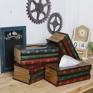 European Vintage Simulation Book Wood Tissue Box Retro Antique Bookshelf Decor Desktop Tissue Holder For Living Room Home